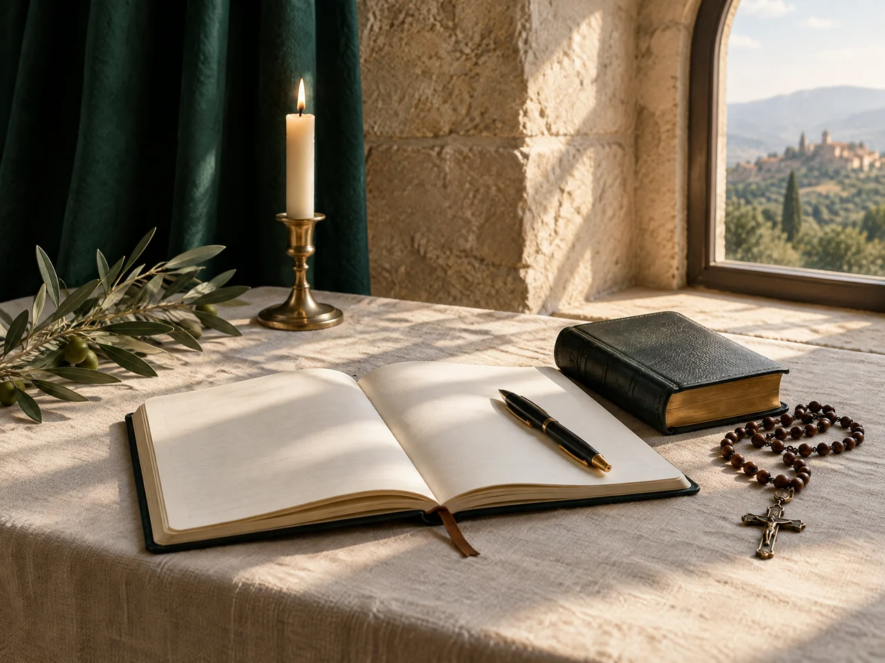 Cuaderno, Biblia y rosario en un rincón tranquilo de reflexión